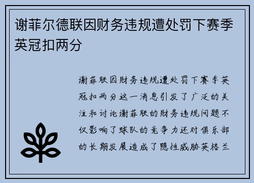 谢菲尔德联因财务违规遭处罚下赛季英冠扣两分